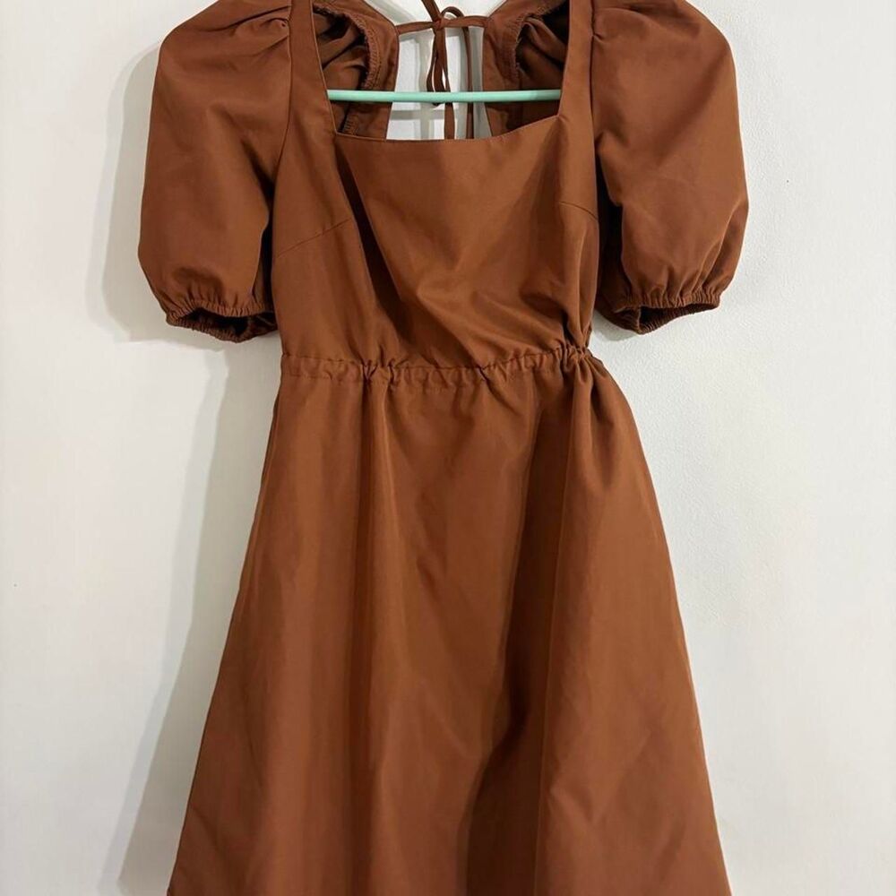 Cottagecore coquette Chocolate Brown fall Puff Sleeve fall Open Back Mini Dress